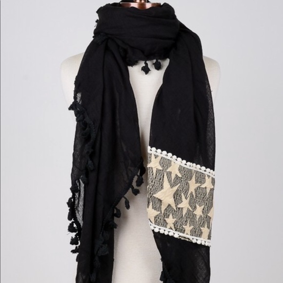 Scarf with Cream Stars and Tassle Pom Poms - Picture 2 of 2